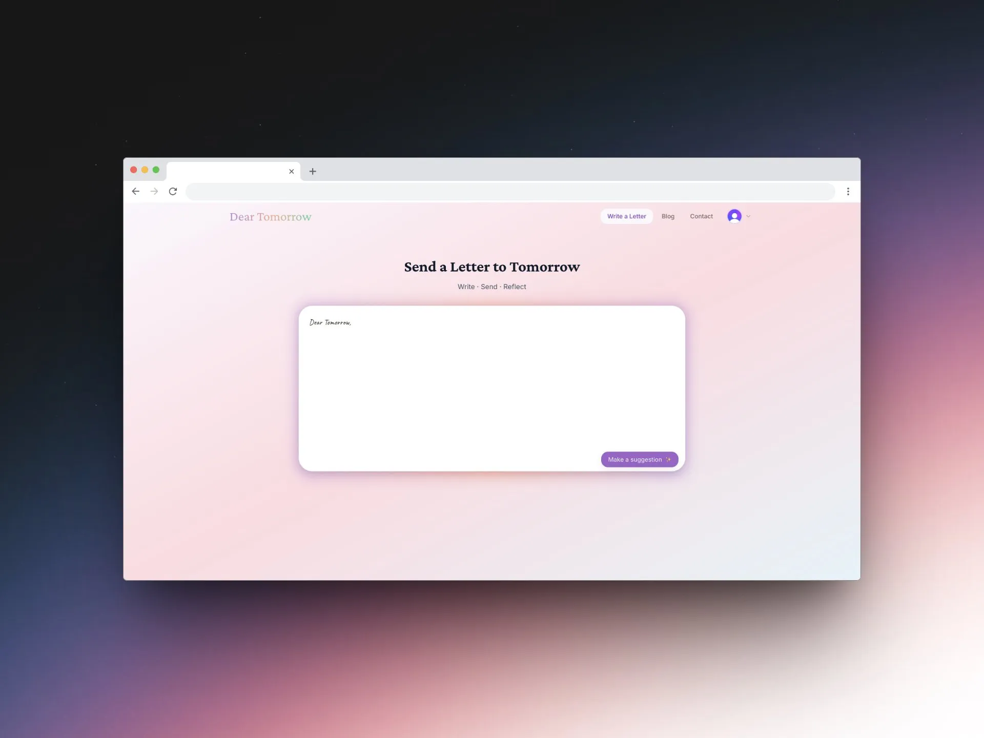 Dear Tomorrow welcome page